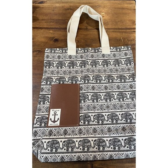 Unbranded Canvas Tote Elephant Pattern Black Off White 17.5" x 15.5" Handmade - Picture 10 of 13